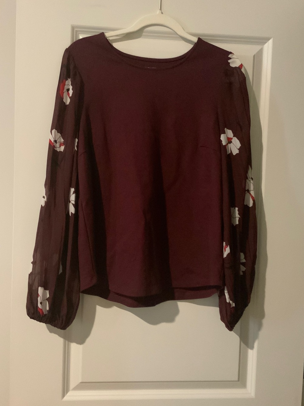 Nine West Burgundy Blouse with Floral Sheer Balloon Sleeves